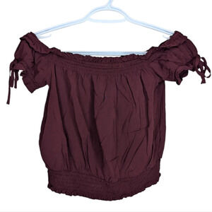 Guess Burgundy Plum Off the Shoulder Puffed Short Sleeve Cropped Top Women Small